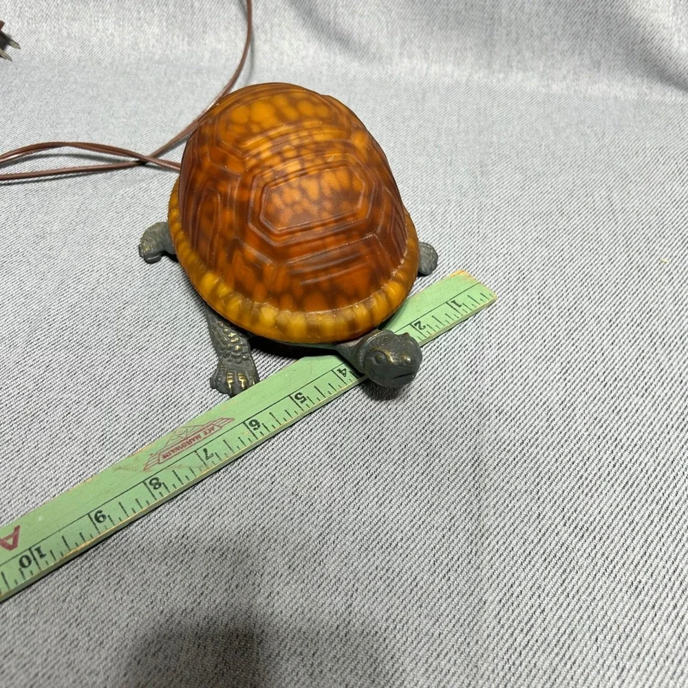 Vintage Turtle Accent Lamp Amber Glass Shell Bronze Metal Base 8.5in